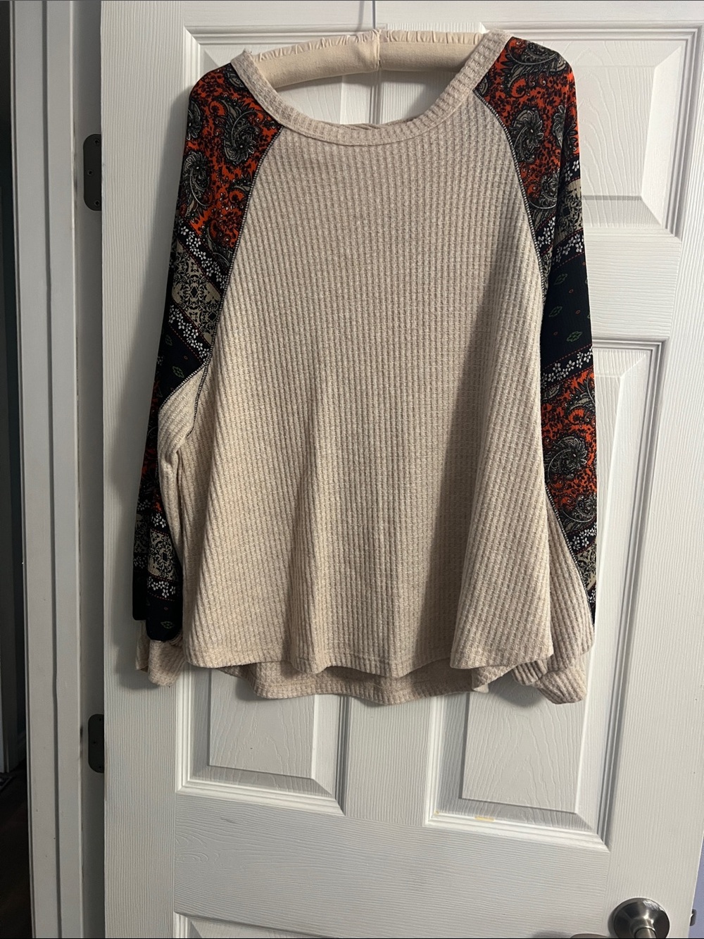 Daytrip Cream Waffle-Knit Top with Patterned Raglan Sleeves